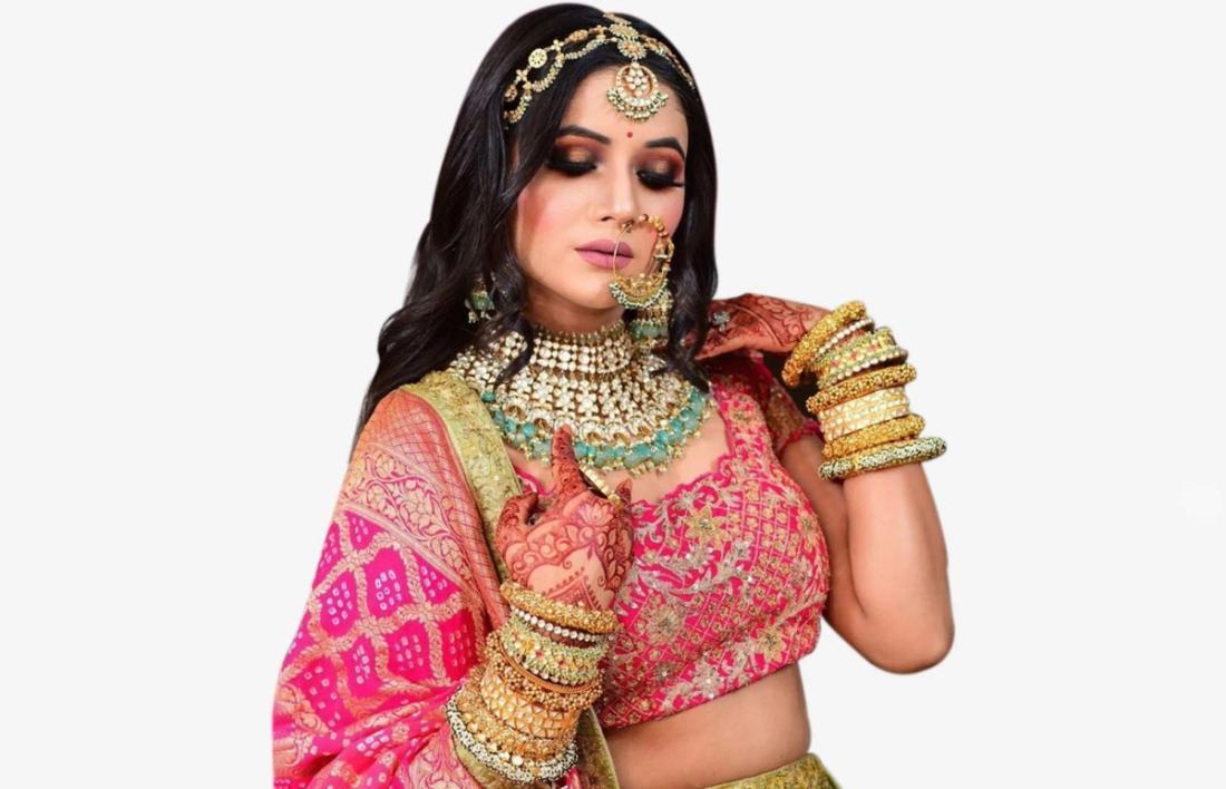 A woman with accessories required for karwa chauth