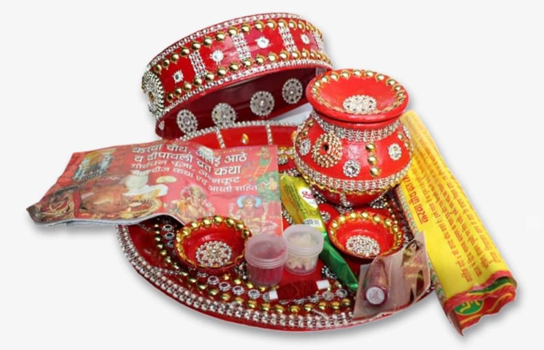 pooja thali with karwa chauth essentials